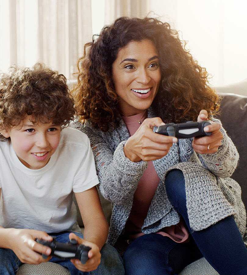 mother and son playing video games